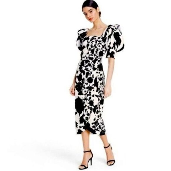 Christopher John Rogers Black & White Floral Wrap Midi Dress Nwt Size 4 - Picture 1 of 8